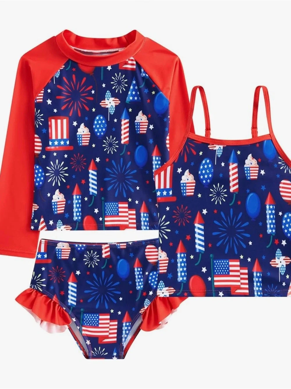NWT - Kids Red & Navy Fireworks Patriotic 3-Piece Swim Set